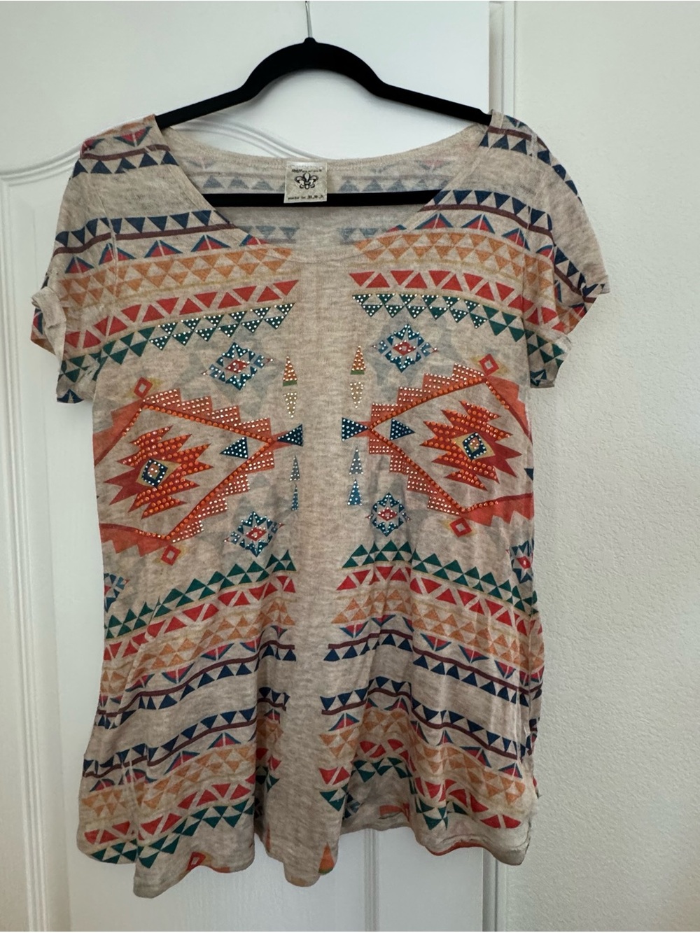 Vocal Beige Short Sleeve Tee with Orange, Teal & Navy Geometric Print